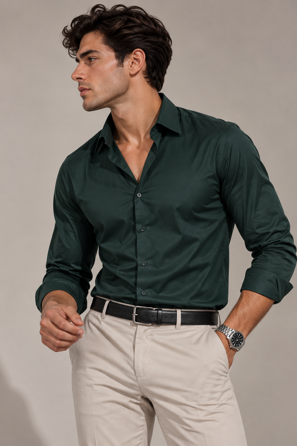 Erkek Basic Premium Pamuk Saten Slim Fit Haki Yeşili Gömlek