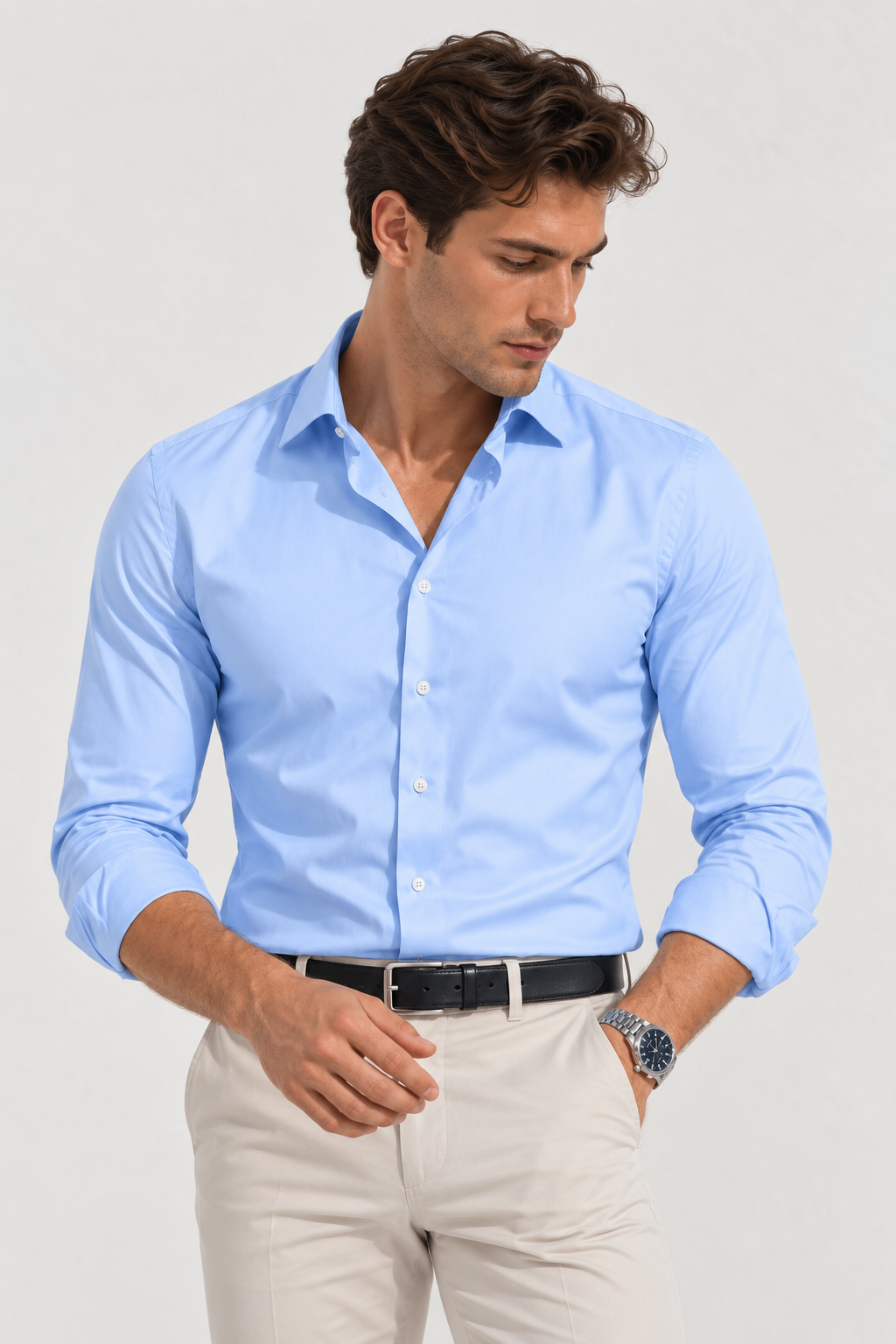 Erkek Premium Pamuk Saten Gökyüzü Mavisi Slim Fit Gömlek | Modern ve Şık Tasarım