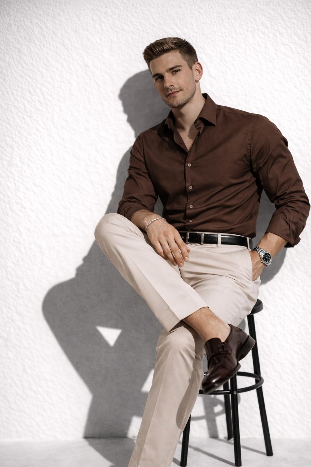 Erkek Premium Pamuk Saten Acı Kahve Slim Fit Gömlek | Modern ve Şık Tasarım