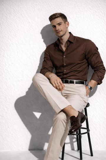 Erkek Premium Pamuk Saten Acı Kahve Slim Fit Gömlek | Modern ve Şık Tasarım