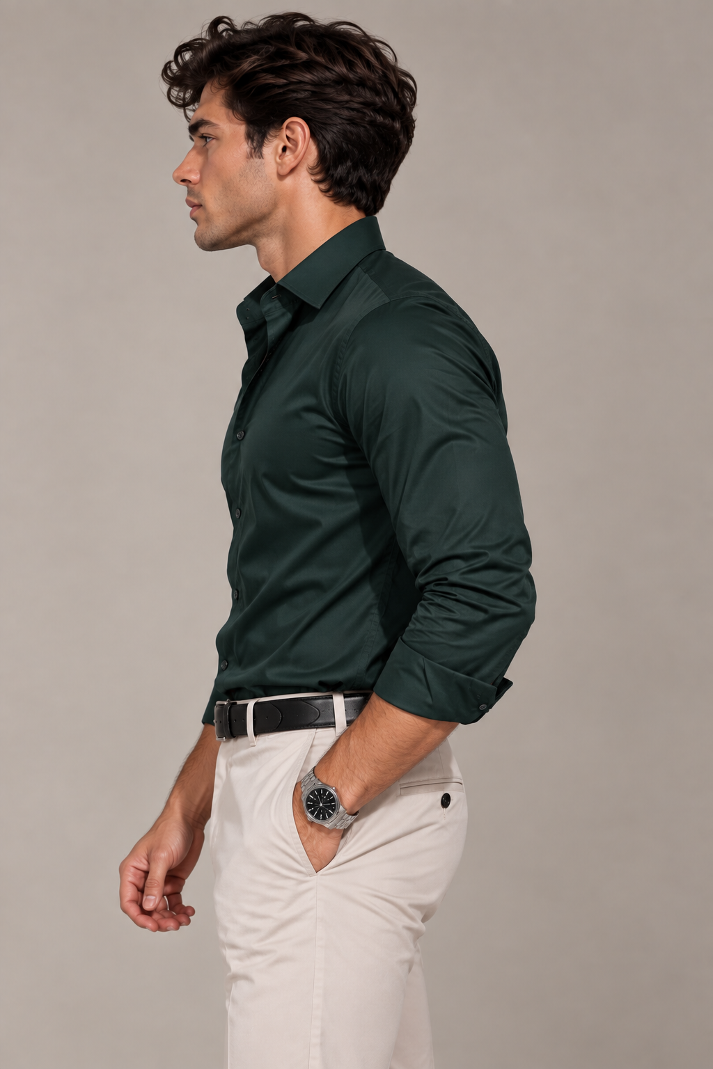 Erkek Basic Premium Pamuk Saten Slim Fit Haki Yeşili Gömlek