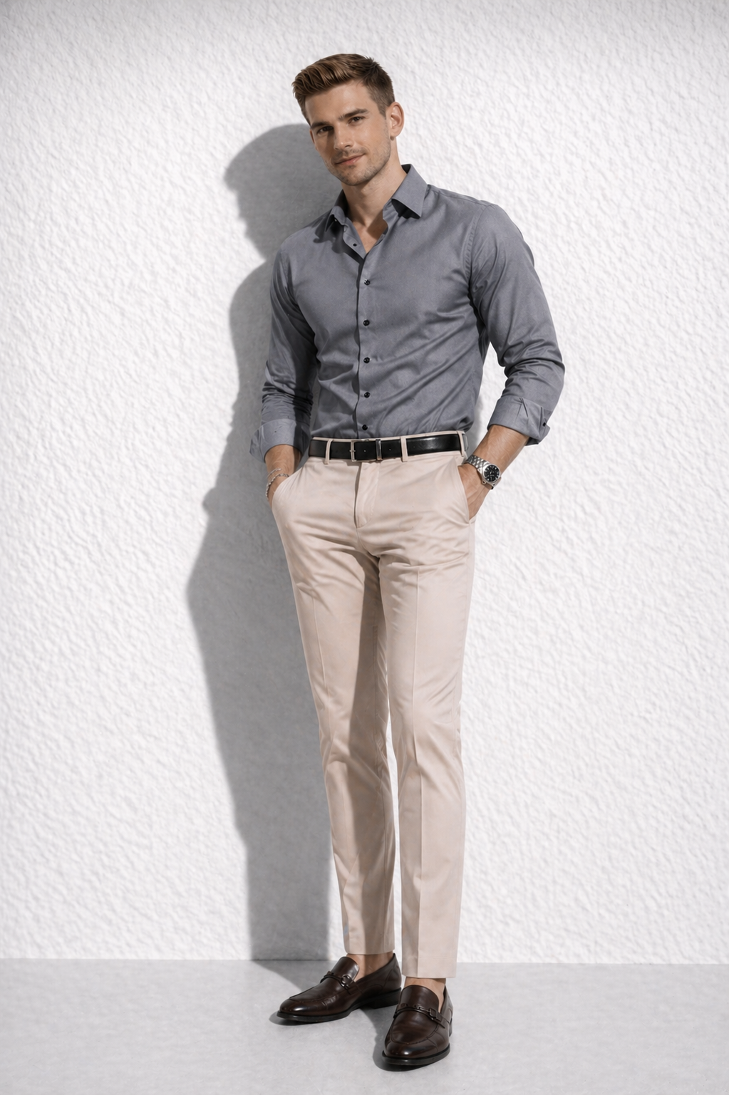 Erkek Premium Pamuk Saten Gümüş Gri Slim Fit Gömlek | Modern ve Şık Tasarım