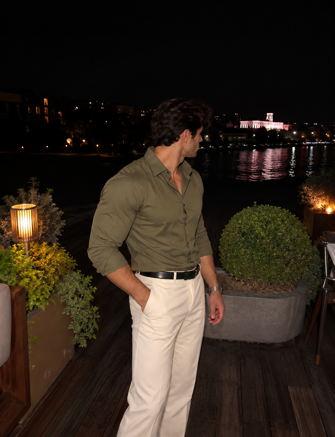 Erkek Premium Pamuk Saten Haki Yeşili Slim Fit Gömlek | Modern ve Şık Tasarım