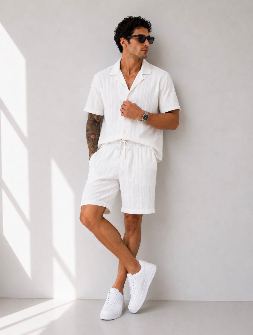 Relax Fit Minimal Çizgili Yazlık Modern Beyaz Erkek Şortlu Takım