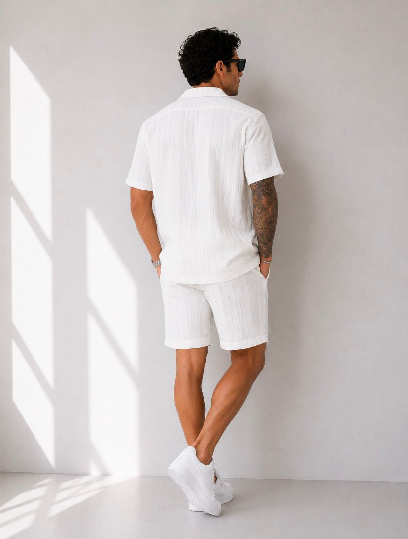 Relax Fit Minimal Çizgili Yazlık Modern Beyaz Erkek Şortlu Takım