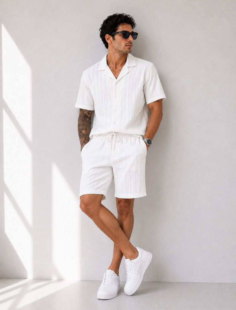 Relax Fit Minimal Çizgili Yazlık Modern Beyaz Erkek Şortlu Takım