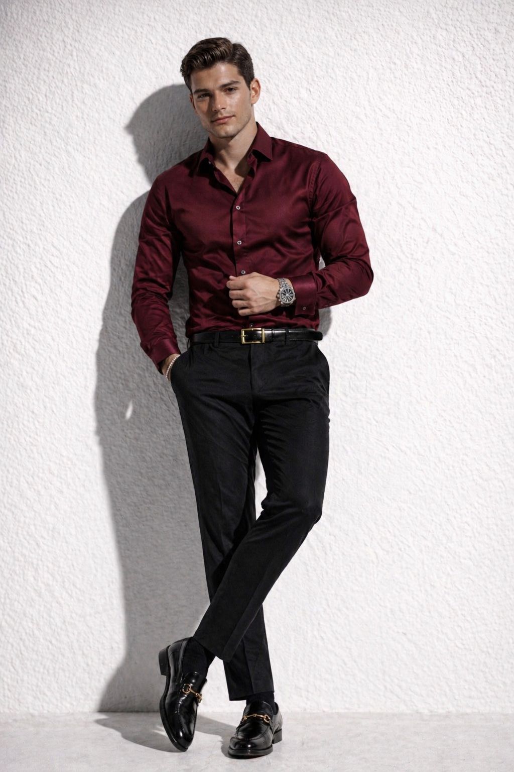 Erkek Premium Pamuk Saten Bordo Slim Fit Gömlek | Modern ve Şık Tasarım
