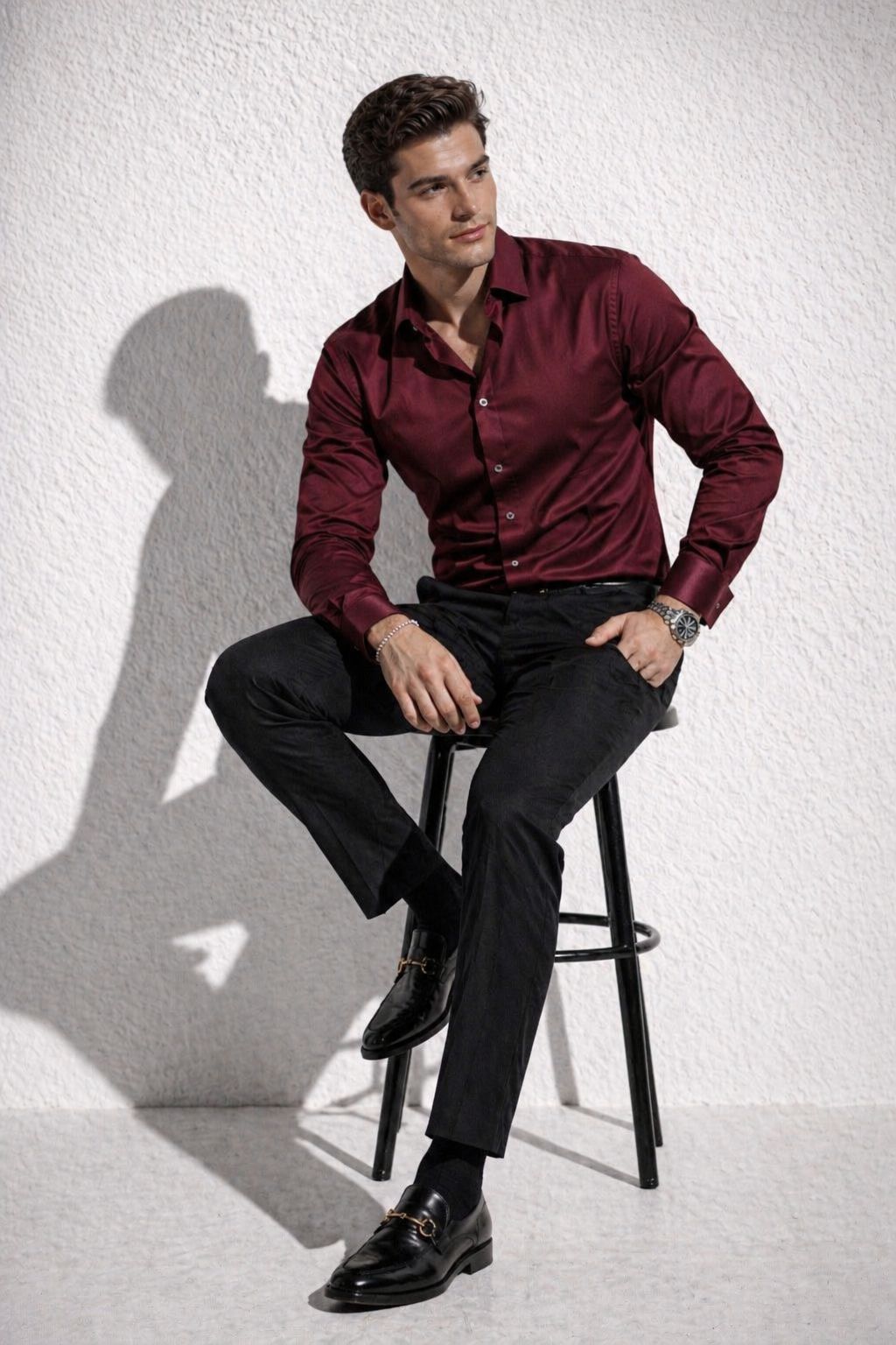 Erkek Premium Pamuk Saten Bordo Slim Fit Gömlek | Modern ve Şık Tasarım