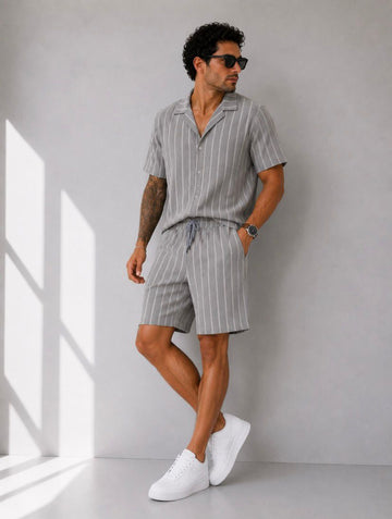 Relax Fit Minimal Çizgili Yazlık Gri Modern Erkek Gömlek Şortlu Takım Şık Tarz Giyim