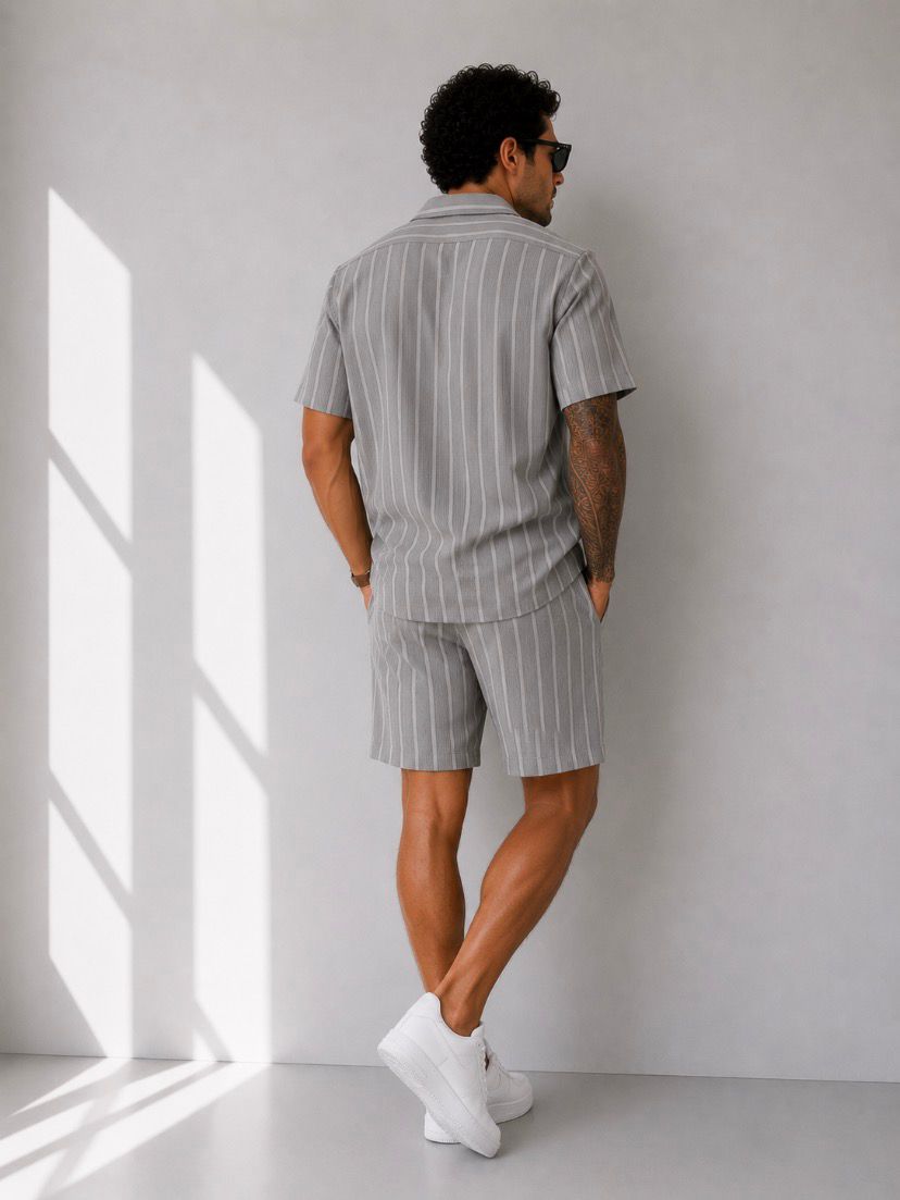 Relax Fit Minimal Çizgili Yazlık Gri Modern Erkek Gömlek Şortlu Takım Şık Tarz Giyim