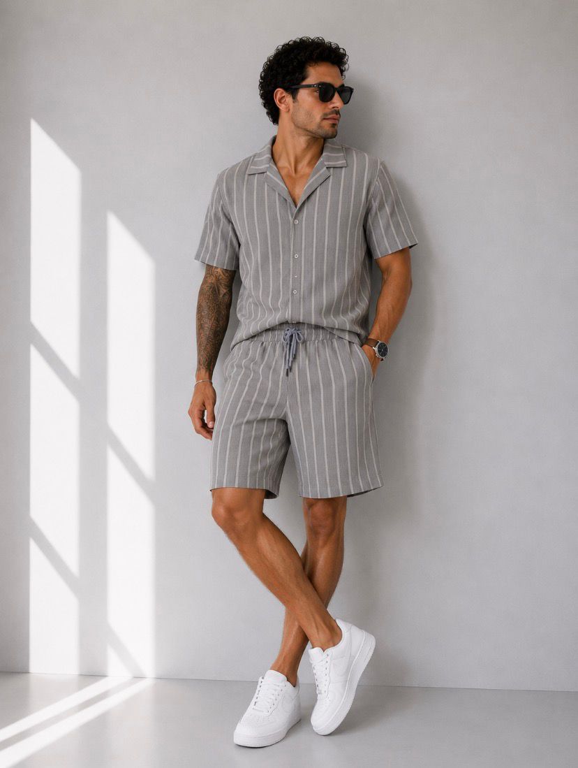 Relax Fit Minimal Çizgili Yazlık Gri Modern Erkek Gömlek Şortlu Takım Şık Tarz Giyim