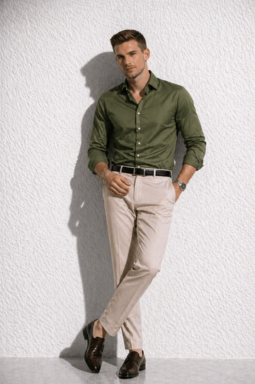Erkek Premium Pamuk Saten Haki Yeşili Slim Fit Gömlek | Modern ve Şık Tasarım