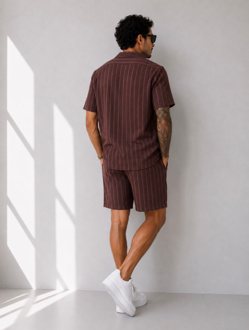 Relax Fit Minimal Çizgili Yazlık Yanık Kahve Modern Erkek Gömlek Şortlu Takım Şık Tarz Giyim