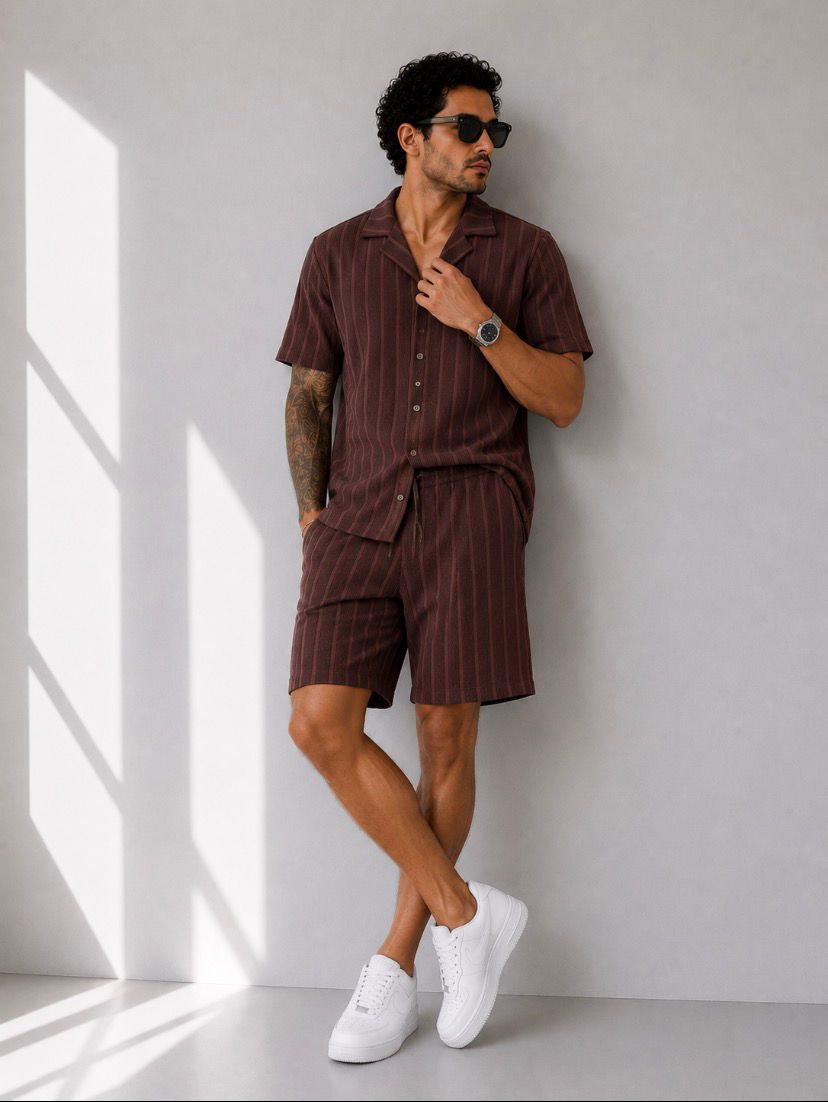 Relax Fit Minimal Çizgili Yazlık Yanık Kahve Modern Erkek Gömlek Şortlu Takım Şık Tarz Giyim