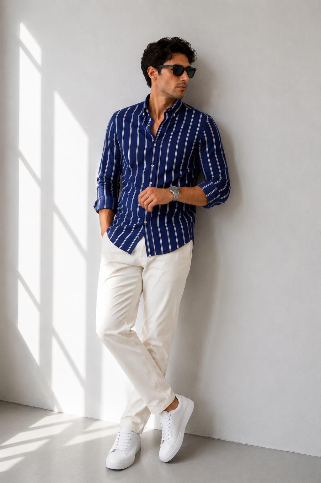 Oversize Saks Mavi Çizgili Erkek Gömlek – Şık ve Rahat Günlük Stil”