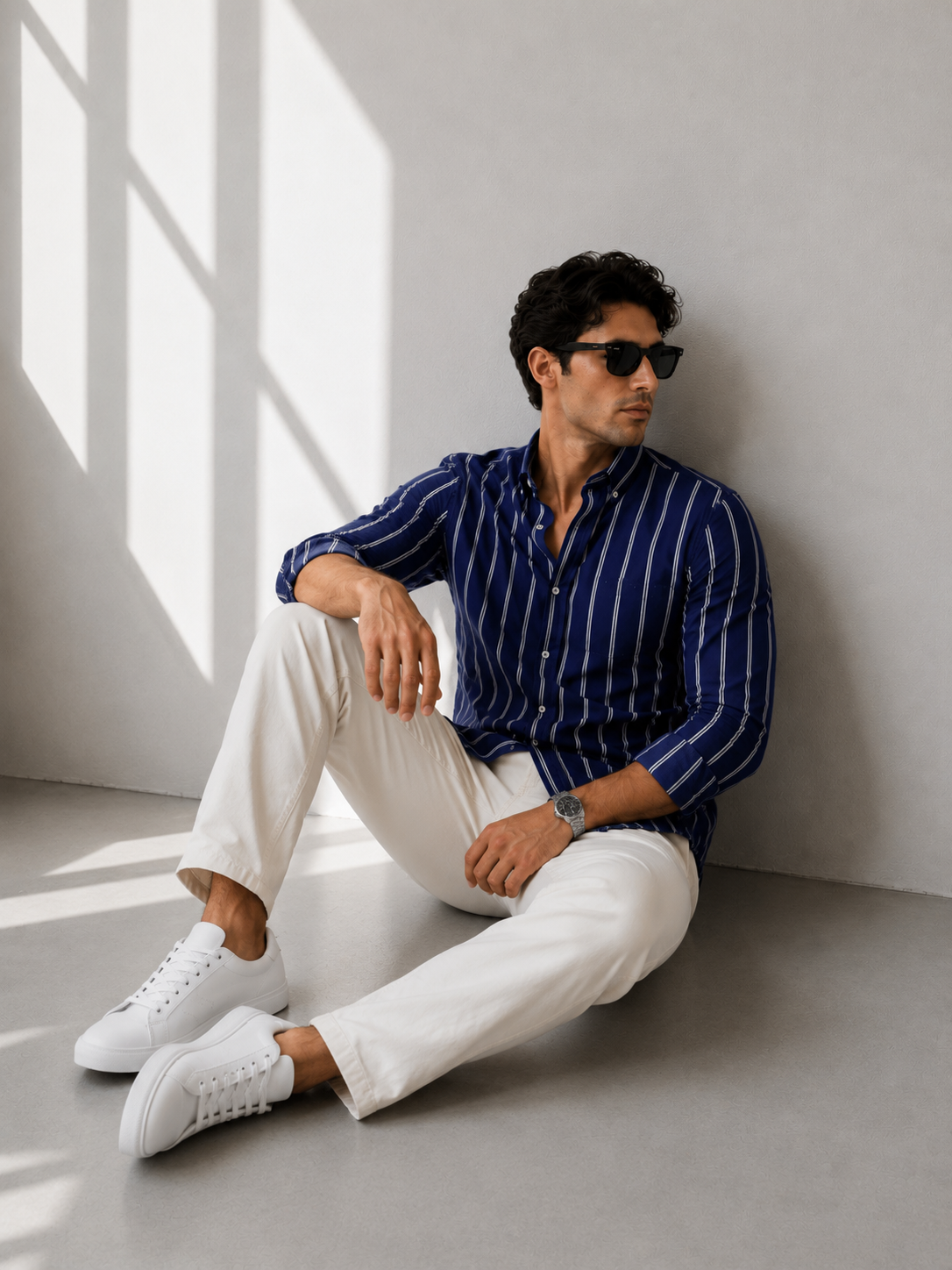 Oversize Saks Mavi Çizgili Erkek Gömlek – Şık ve Rahat Günlük Stil”
