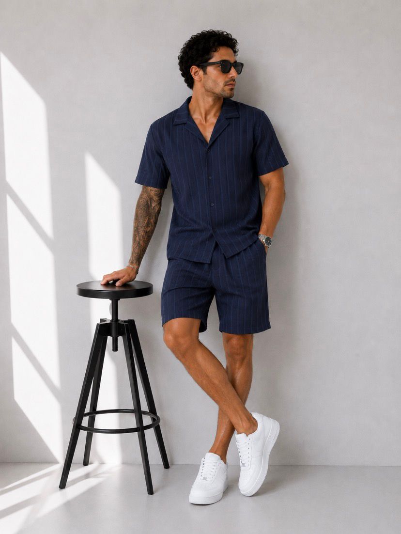 Relax Fit Minimal Çizgili Yazlık Modern Lacivert Erkek Gömlek Şortlu Takım Şık Tarz Giyim