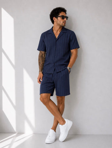 Relax Fit Minimal Çizgili Yazlık Modern Lacivert Erkek Gömlek Şortlu Takım Şık Tarz Giyim
