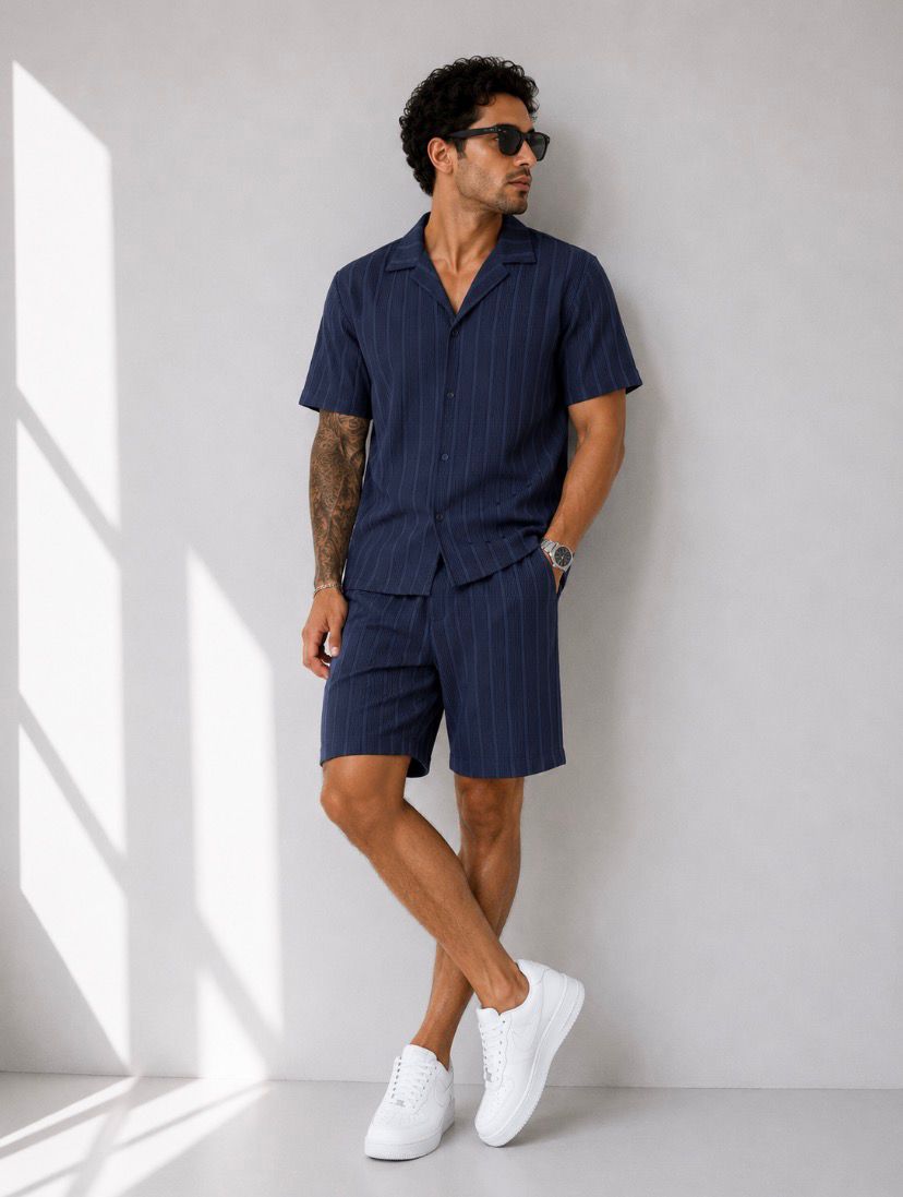 Relax Fit Minimal Çizgili Yazlık Modern Lacivert Erkek Gömlek Şortlu Takım Şık Tarz Giyim
