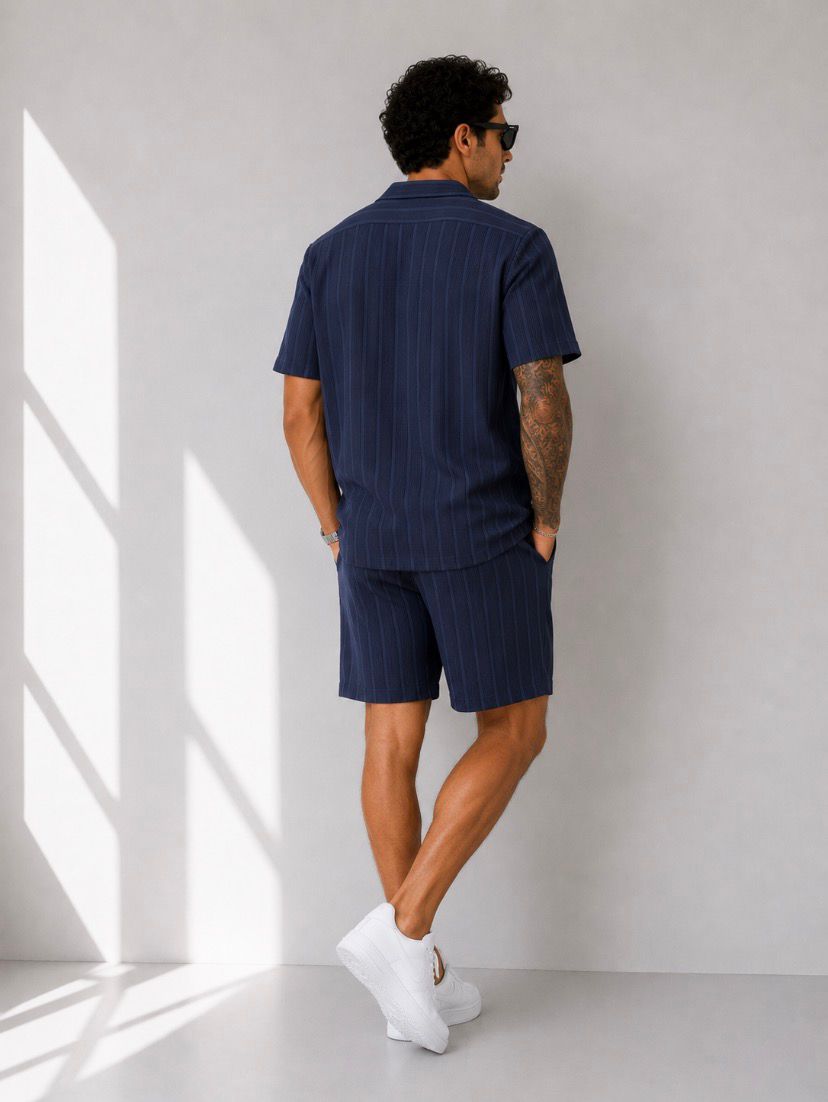 Relax Fit Minimal Çizgili Yazlık Modern Lacivert Erkek Gömlek Şortlu Takım Şık Tarz Giyim