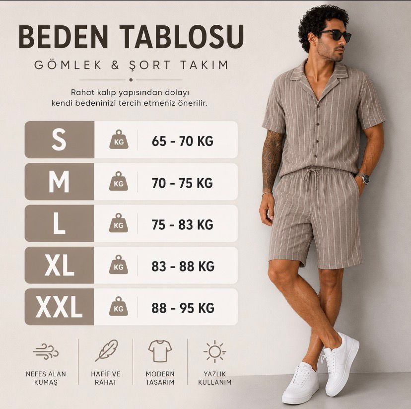 Relax Fit Minimal Çizgili Yazlık Modern Erkek Gömlek Şortlu Takım Şık Tarz Giyim