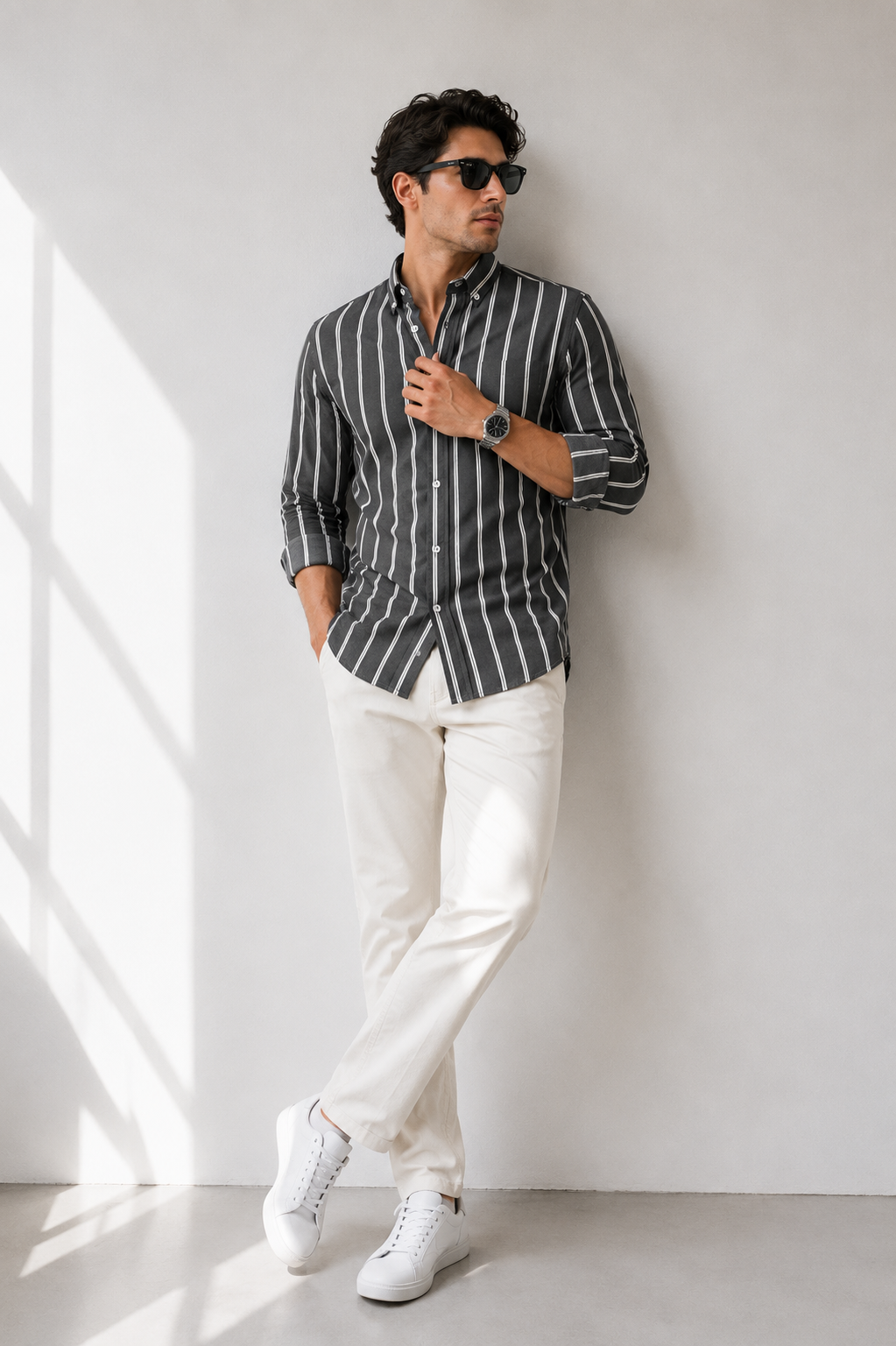 “Antrasit Çizgili Oversize Erkek Gömlek – Premium Rahat Kalıp Casual Şık Stil”