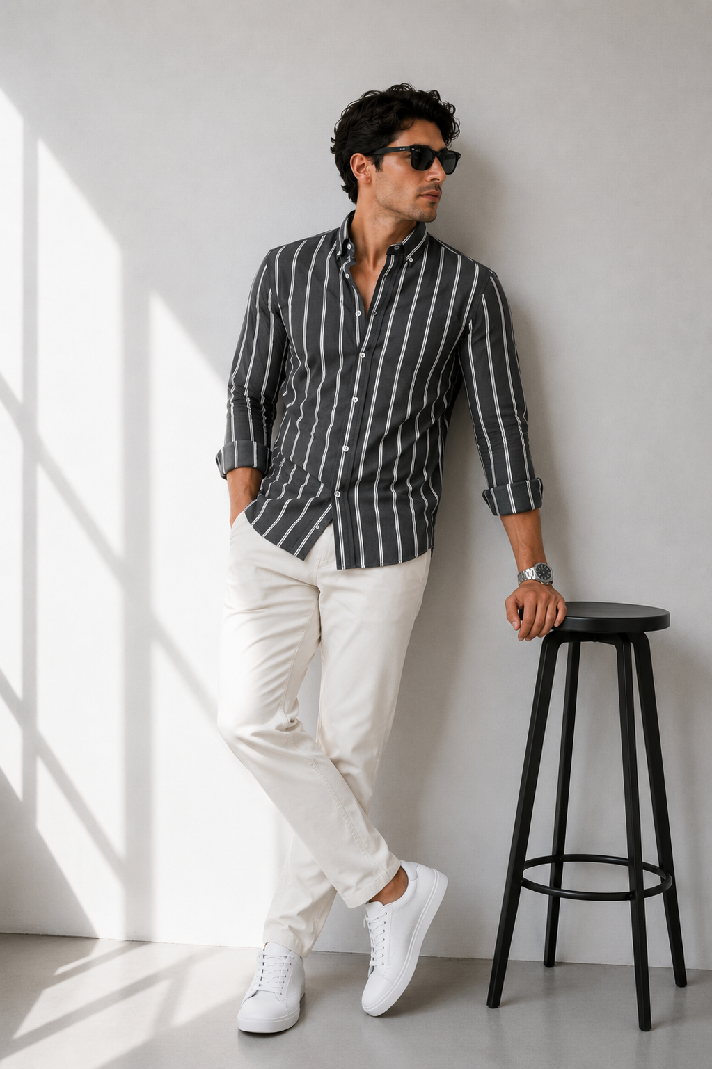 “Antrasit Çizgili Oversize Erkek Gömlek – Premium Rahat Kalıp Casual Şık Stil”