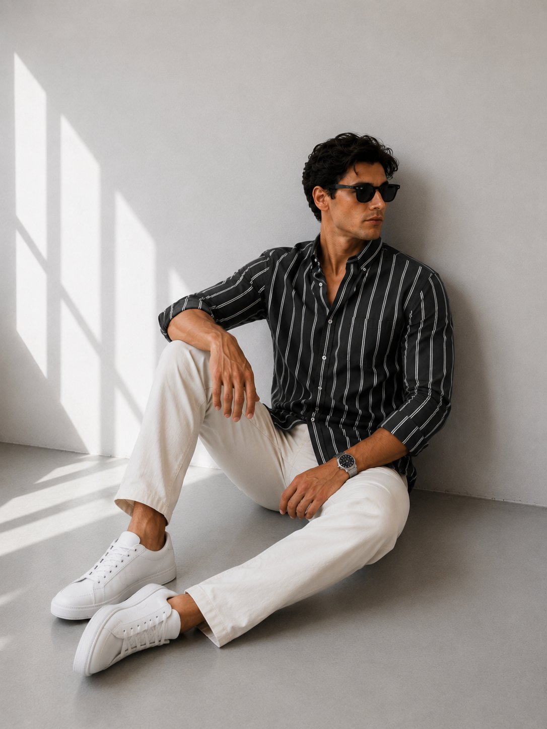 “Antrasit Çizgili Oversize Erkek Gömlek – Premium Rahat Kalıp Casual Şık Stil”