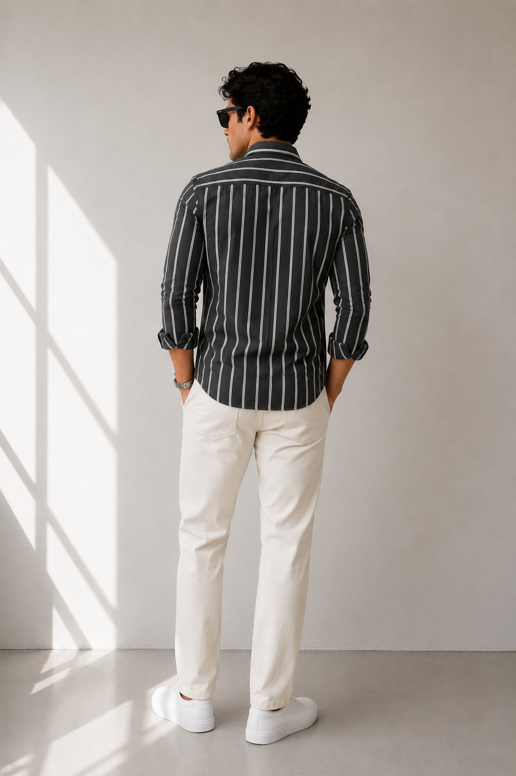 “Antrasit Çizgili Oversize Erkek Gömlek – Premium Rahat Kalıp Casual Şık Stil”