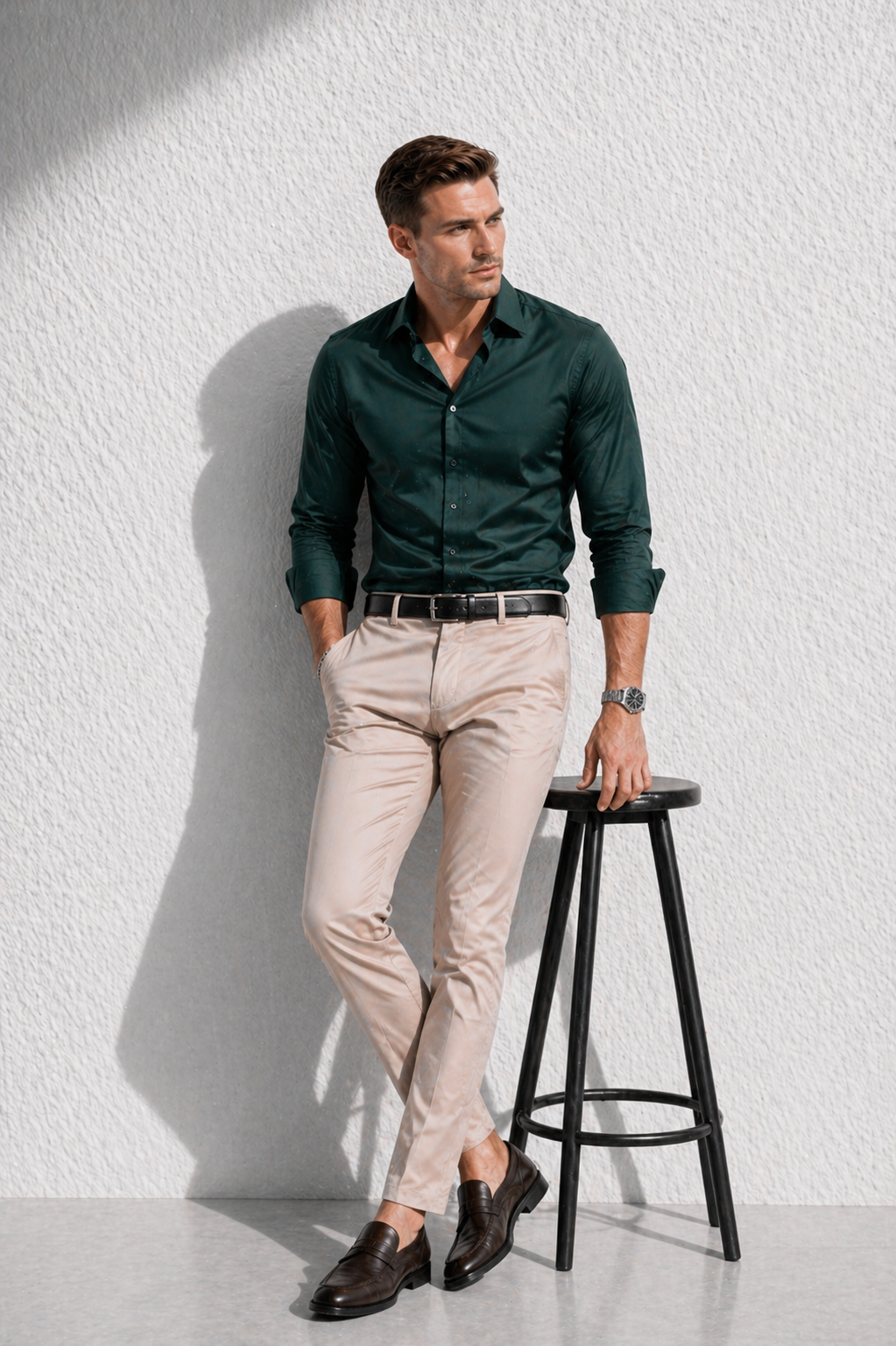 Erkek Basic Premium Pamuk Saten Slim Fit Haki Yeşili Gömlek